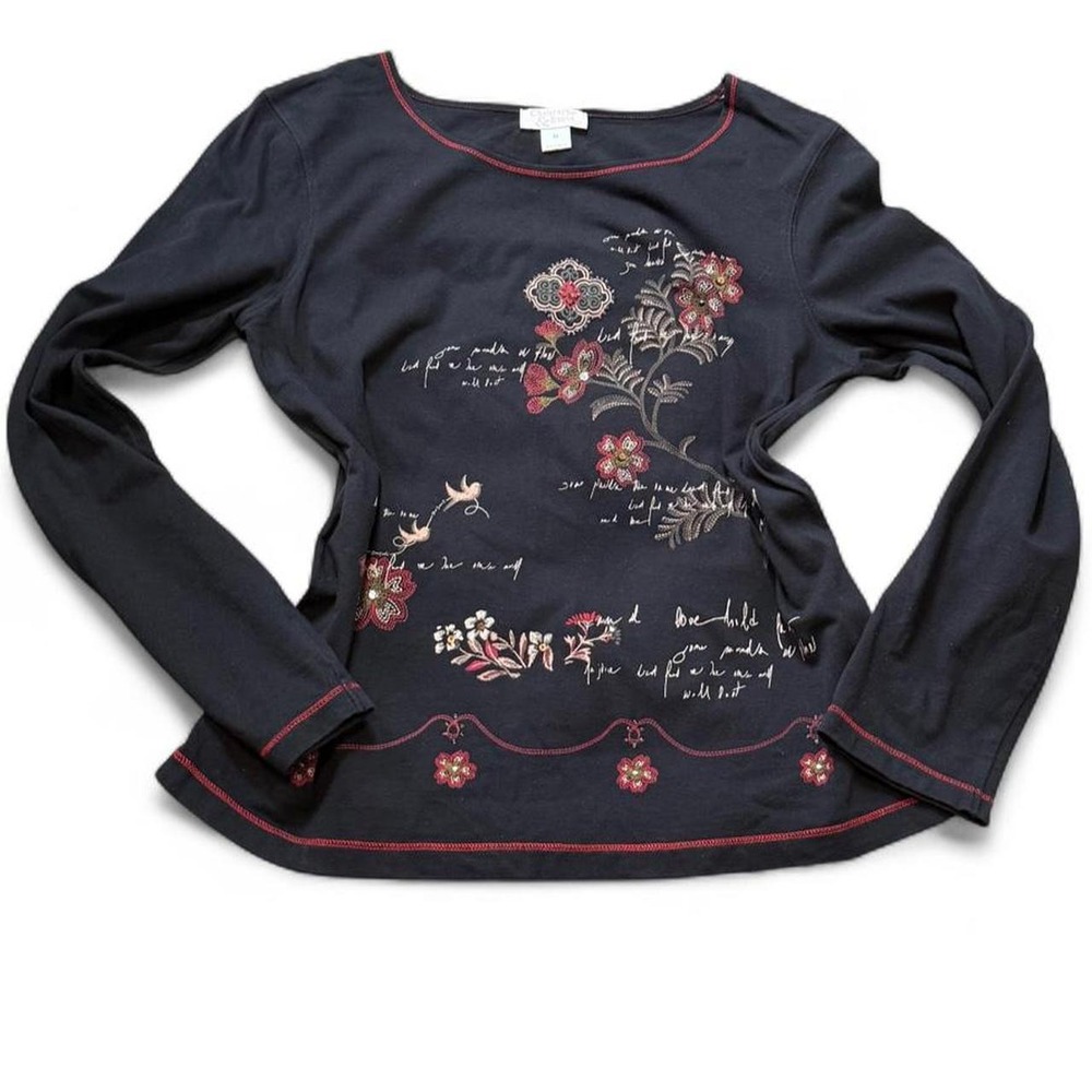 Vintage 2006 Christopher & Banks Embroidered/Rhinestone Black Top, Women's Sz M
